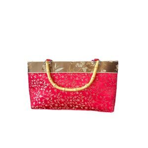 Women Fashion Red Bamboo Floral Handle Bag Purse Vintage Embroidered Silk Style